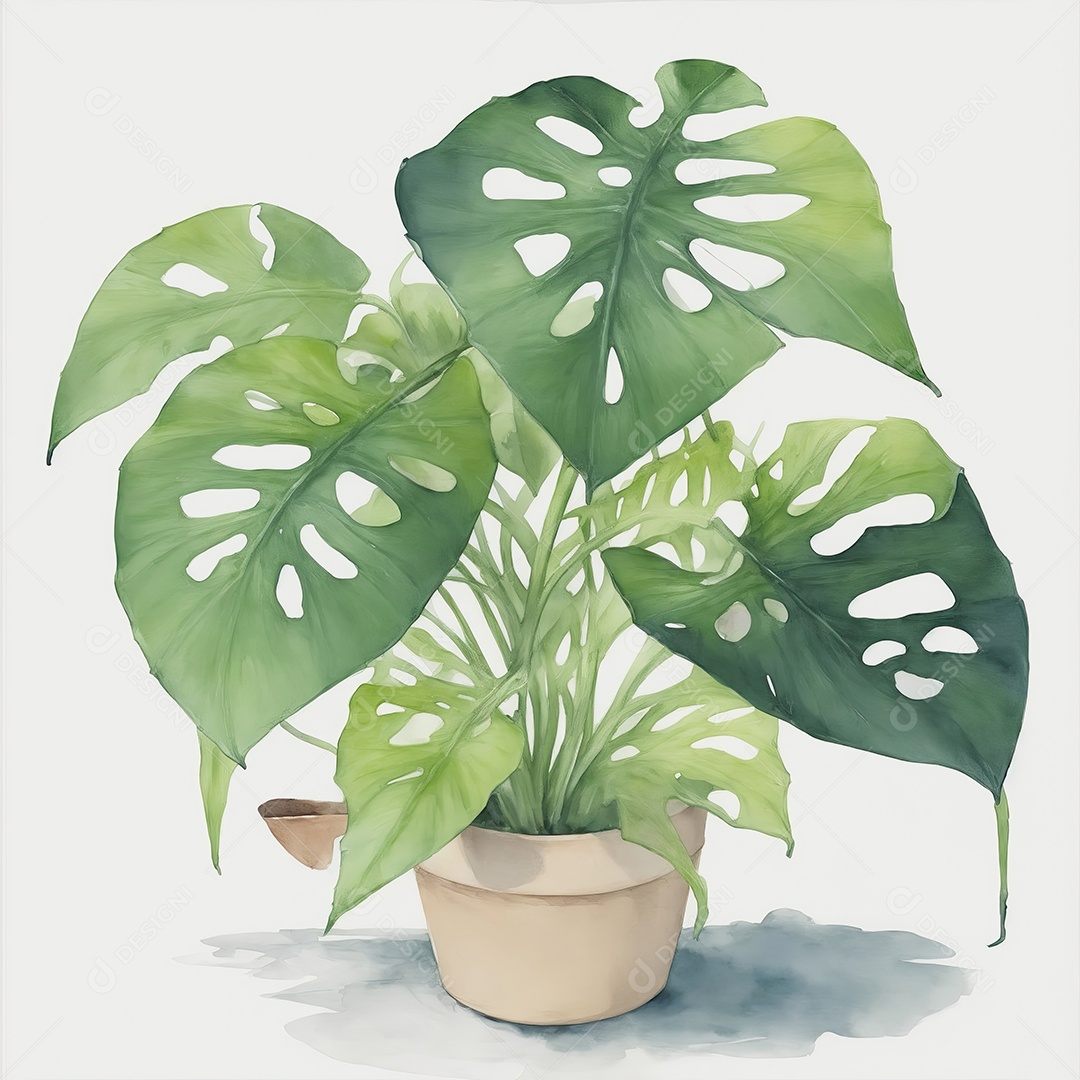 Plantas monstera no vazo aquarela sobre fundo branco