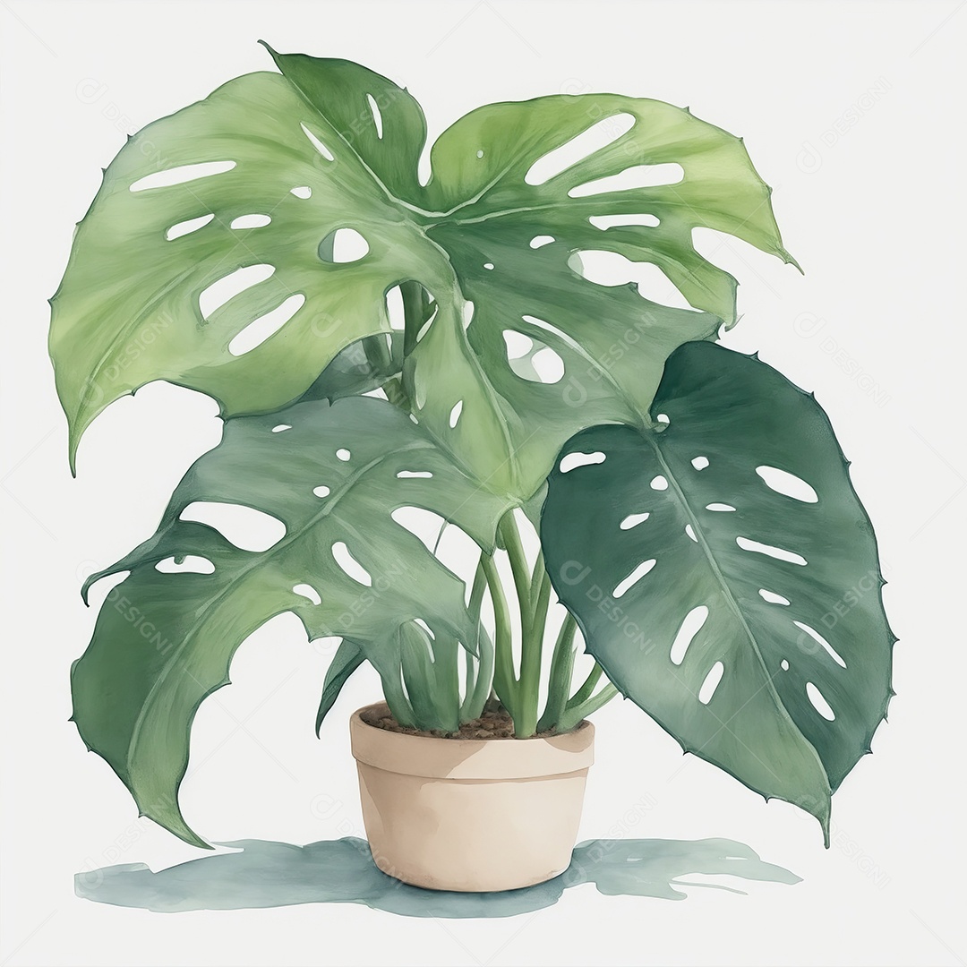 Plantas monstera no vazo aquarela sobre fundo branco