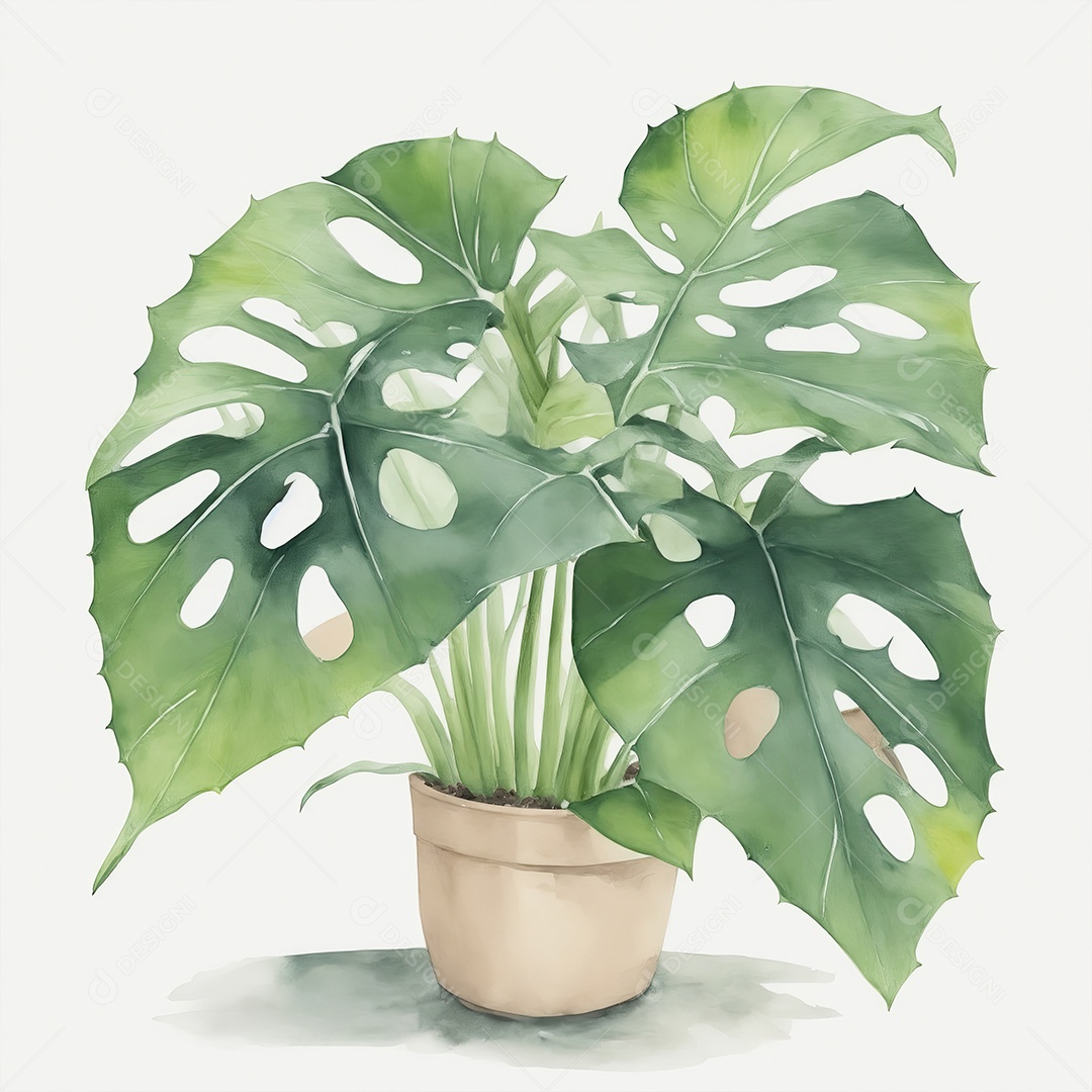 Plantas monstera no vazo aquarela sobre fundo branco