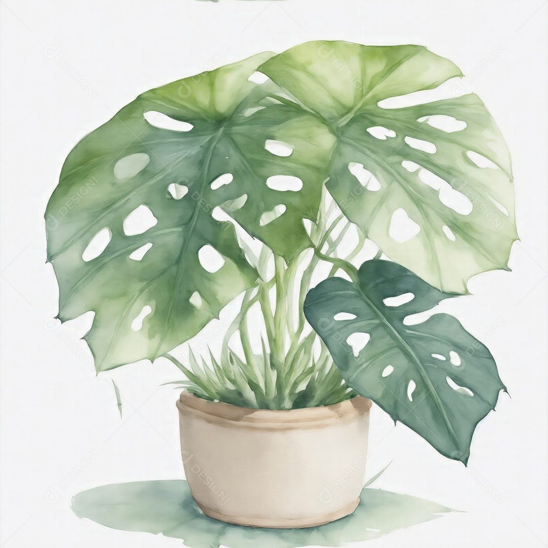 Plantas monstera no vazo aquarela sobre fundo branco