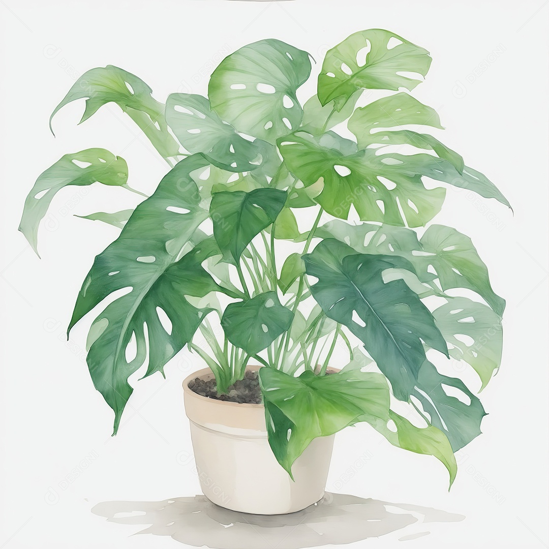 Plantas monstera no vazo aquarela sobre fundo branco