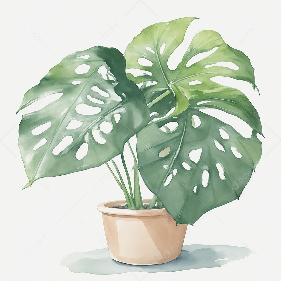 Plantas monstera no vazo aquarela sobre fundo branco