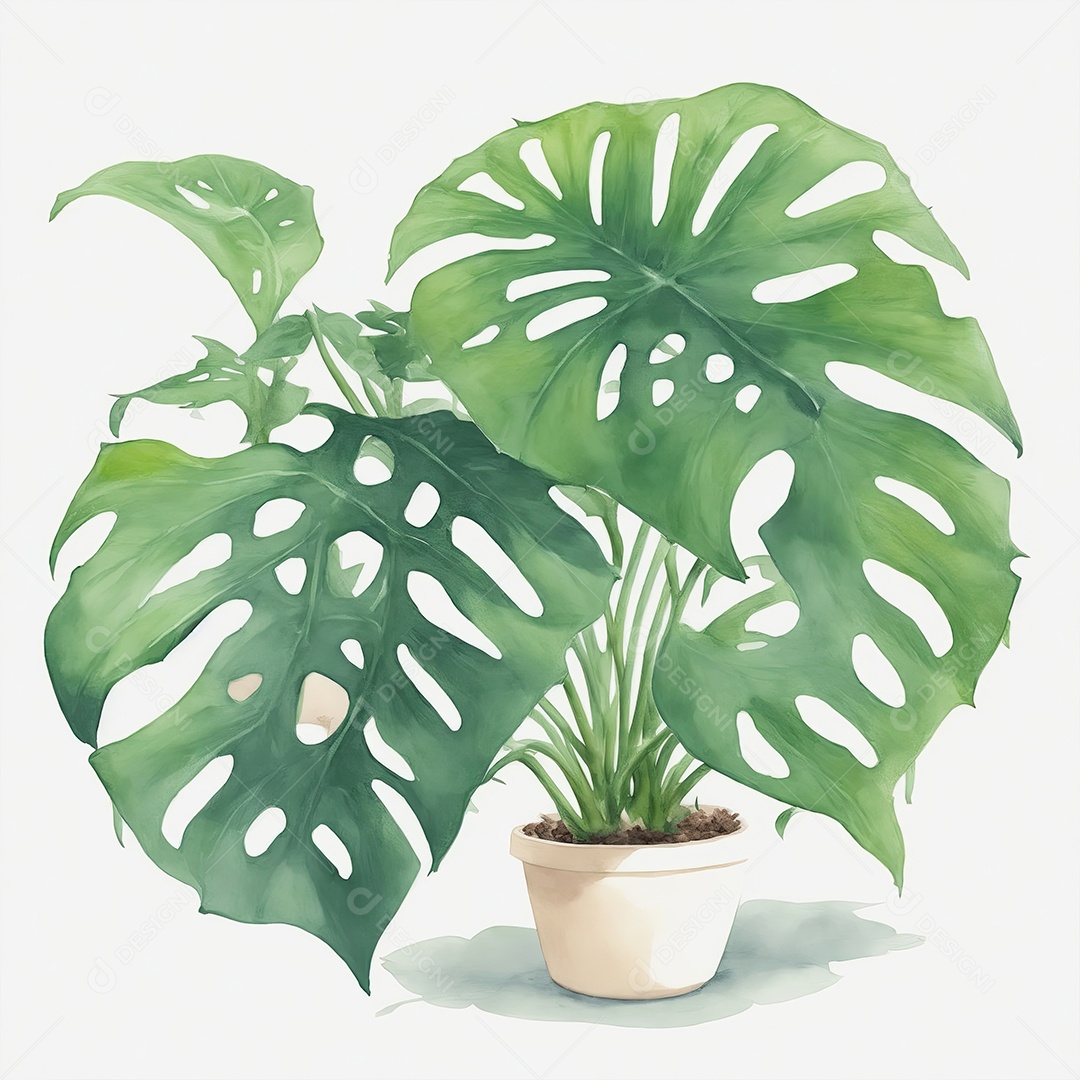 Plantas monstera no vazo aquarela sobre fundo branco