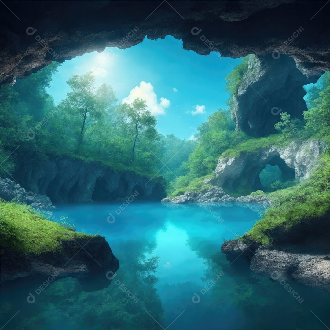 Caverna natural na floresta com água azul e grama