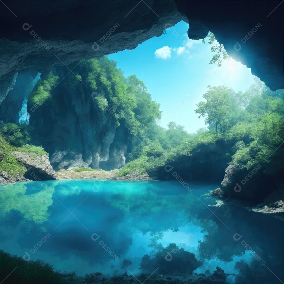 Caverna natural na floresta com água azul e grama