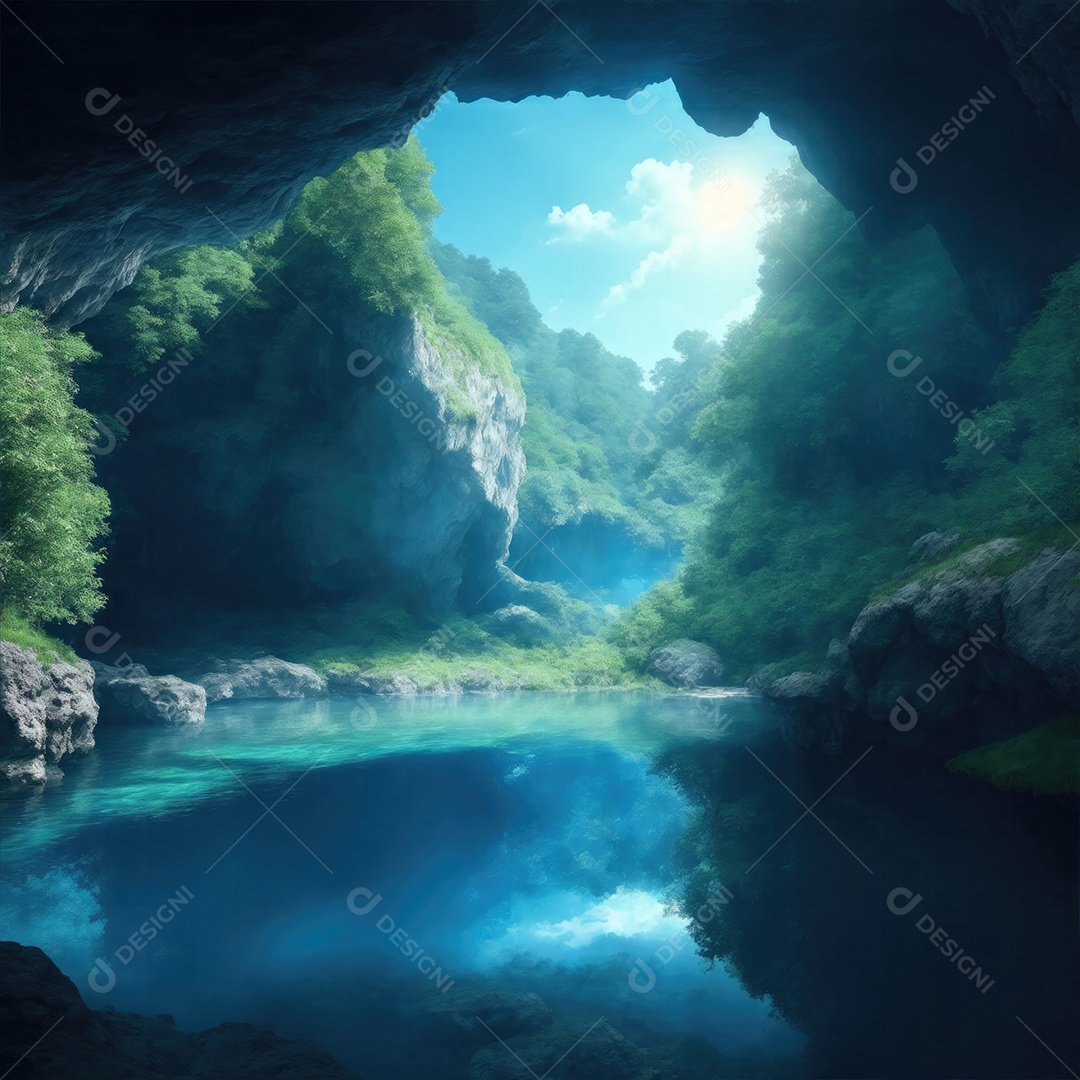 Caverna natural na floresta com água azul e grama