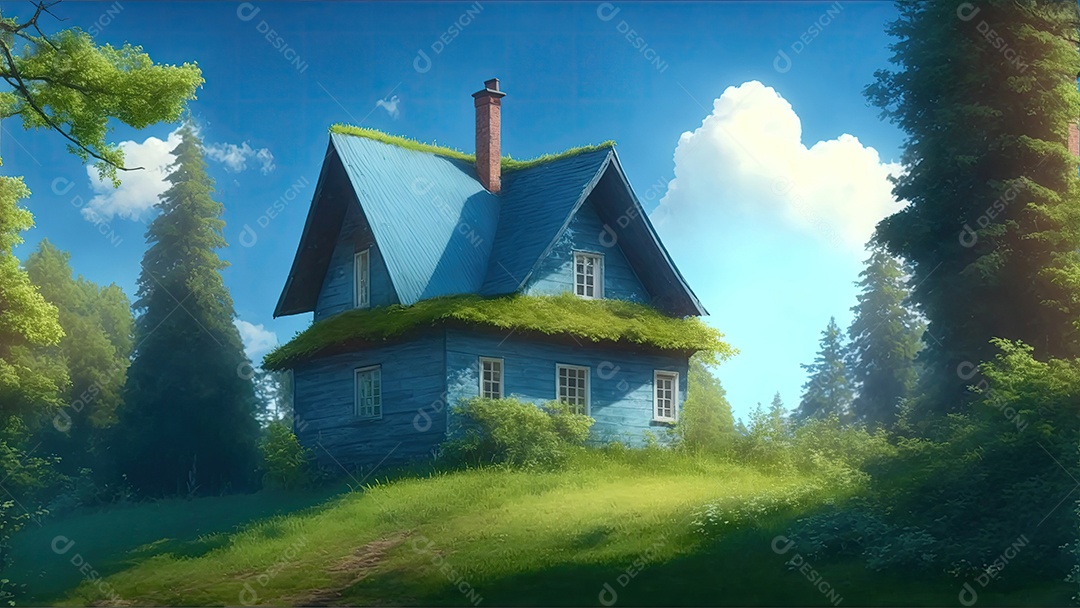 Casa na floresta com céu azul com pequenas nuvens