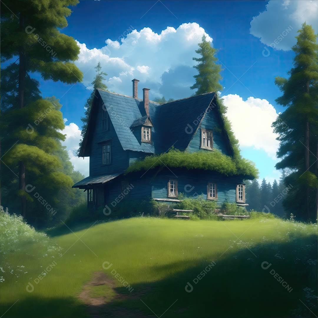 Casa na floresta com céu azul com pequenas nuvens