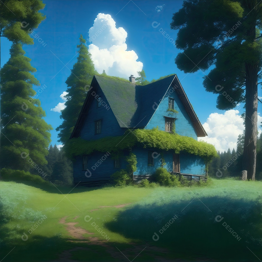Casa na floresta com céu azul com pequenas nuvens