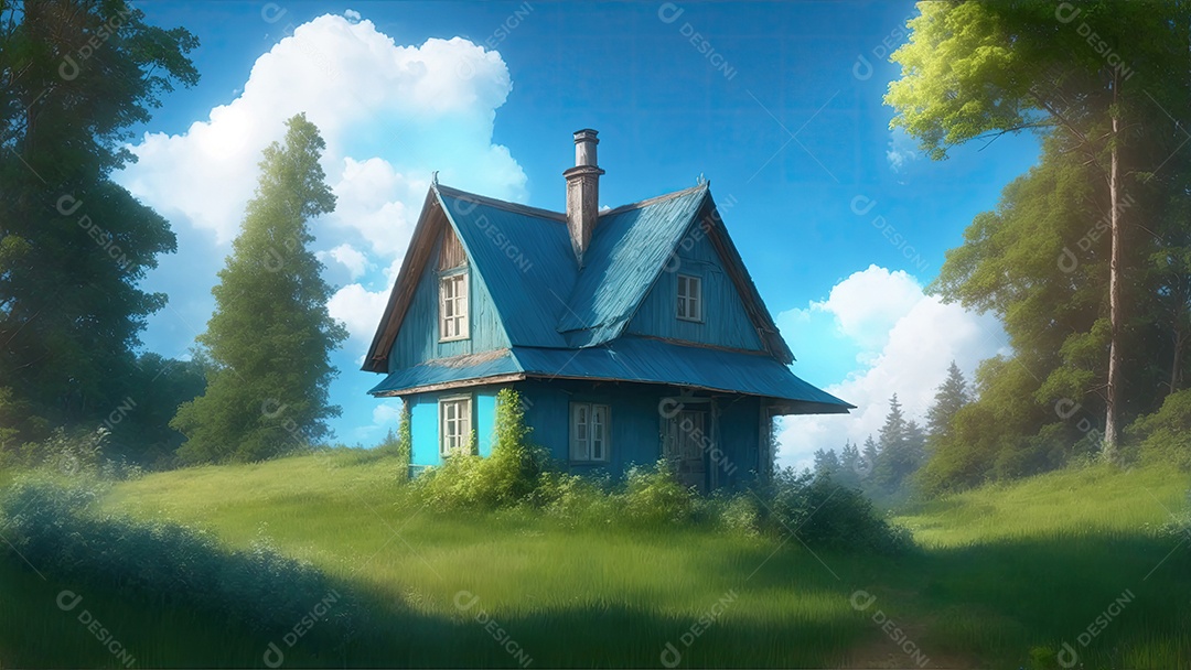 Casa na floresta com céu azul com pequenas nuvens