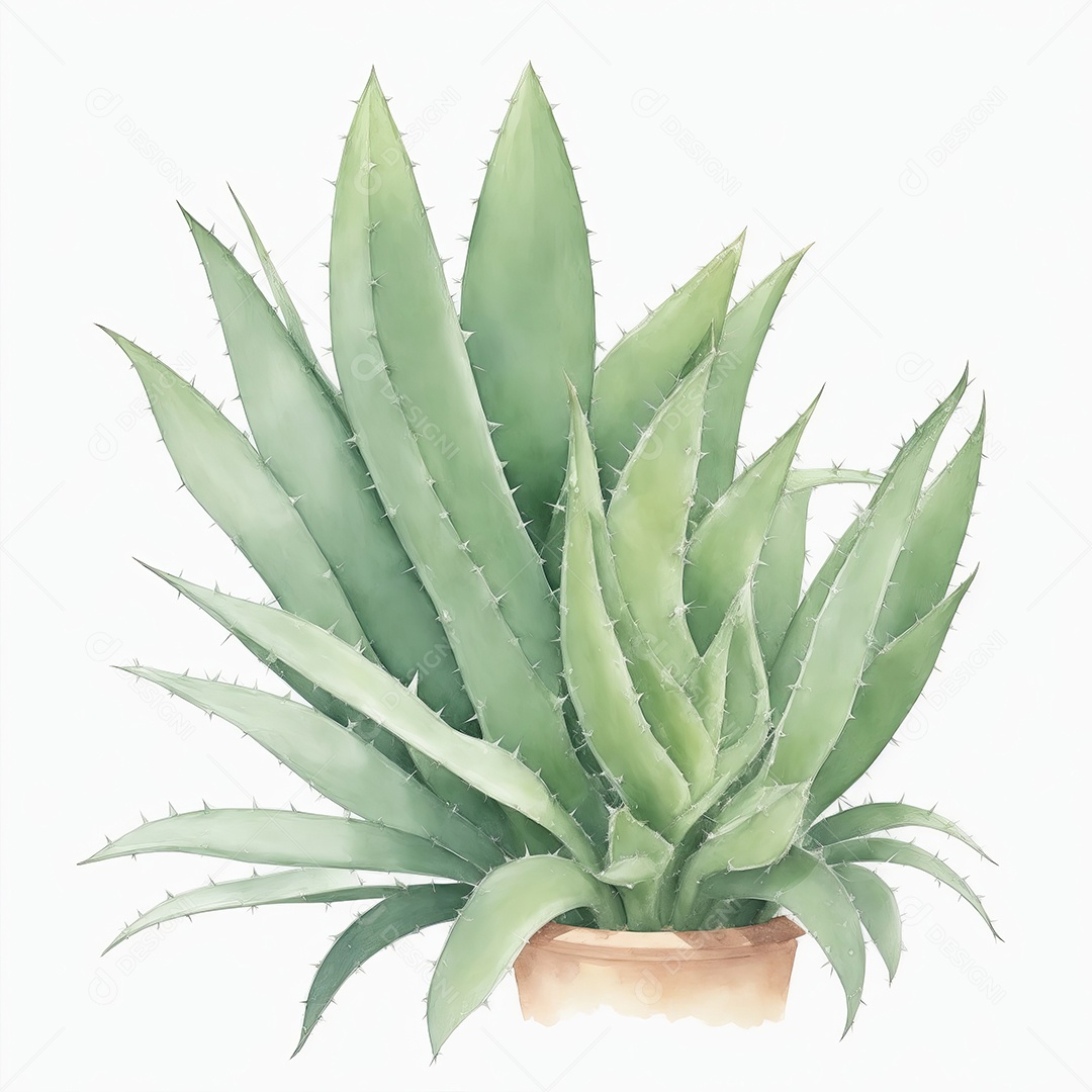 Plantas de Aloe Vera no vaso aquarela sobre fundo branco