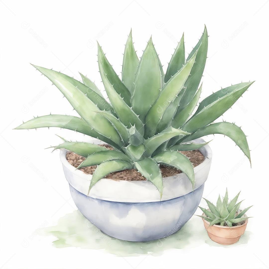 Plantas de Aloe Vera no vaso aquarela sobre fundo branco