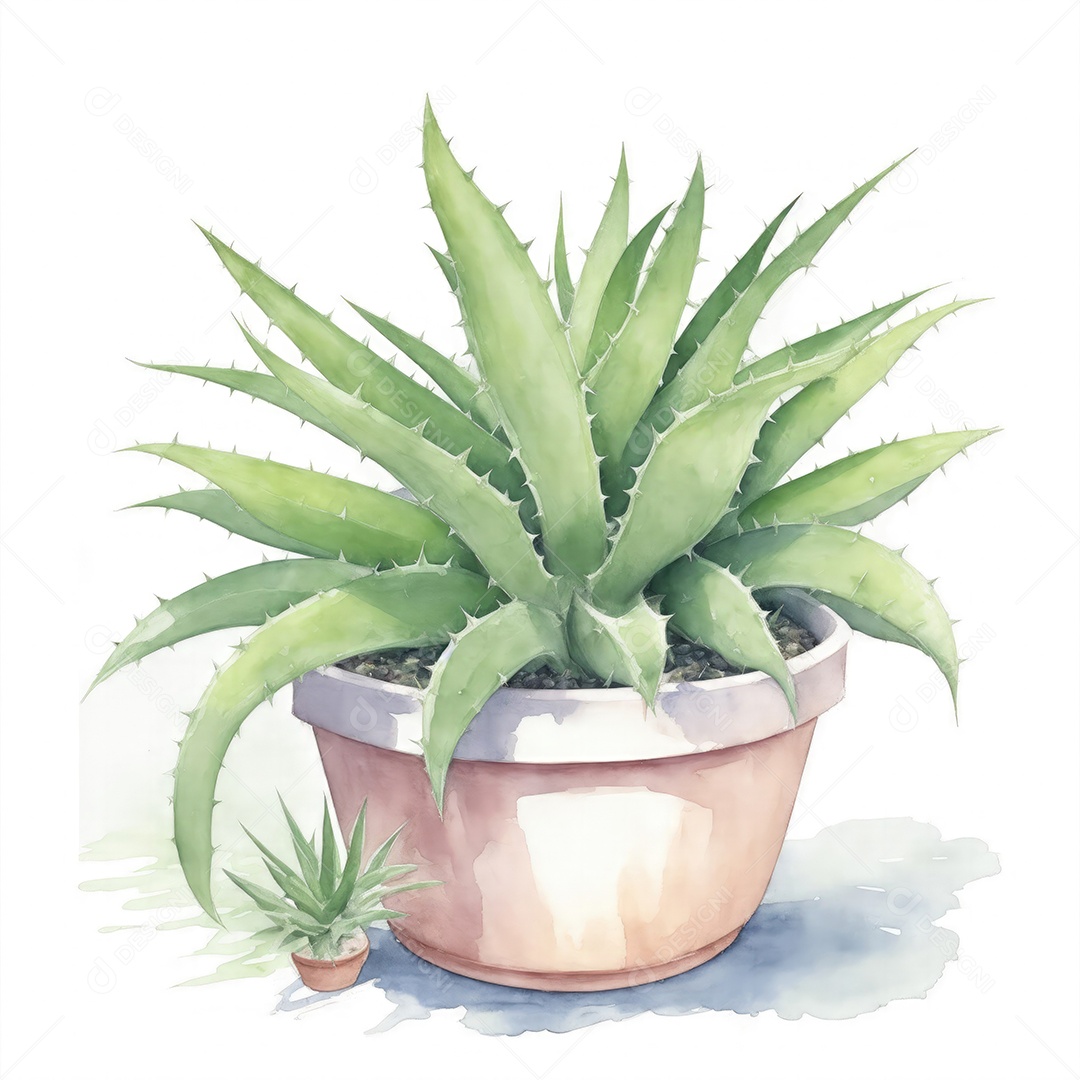 Plantas de Aloe Vera no vaso aquarela sobre fundo branco