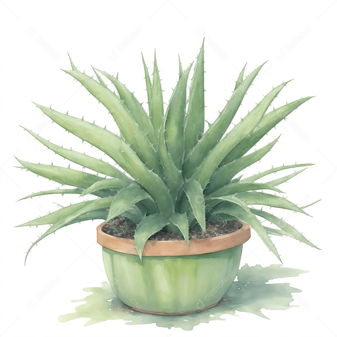 Plantas de Aloe Vera no vaso aquarela sobre fundo branco