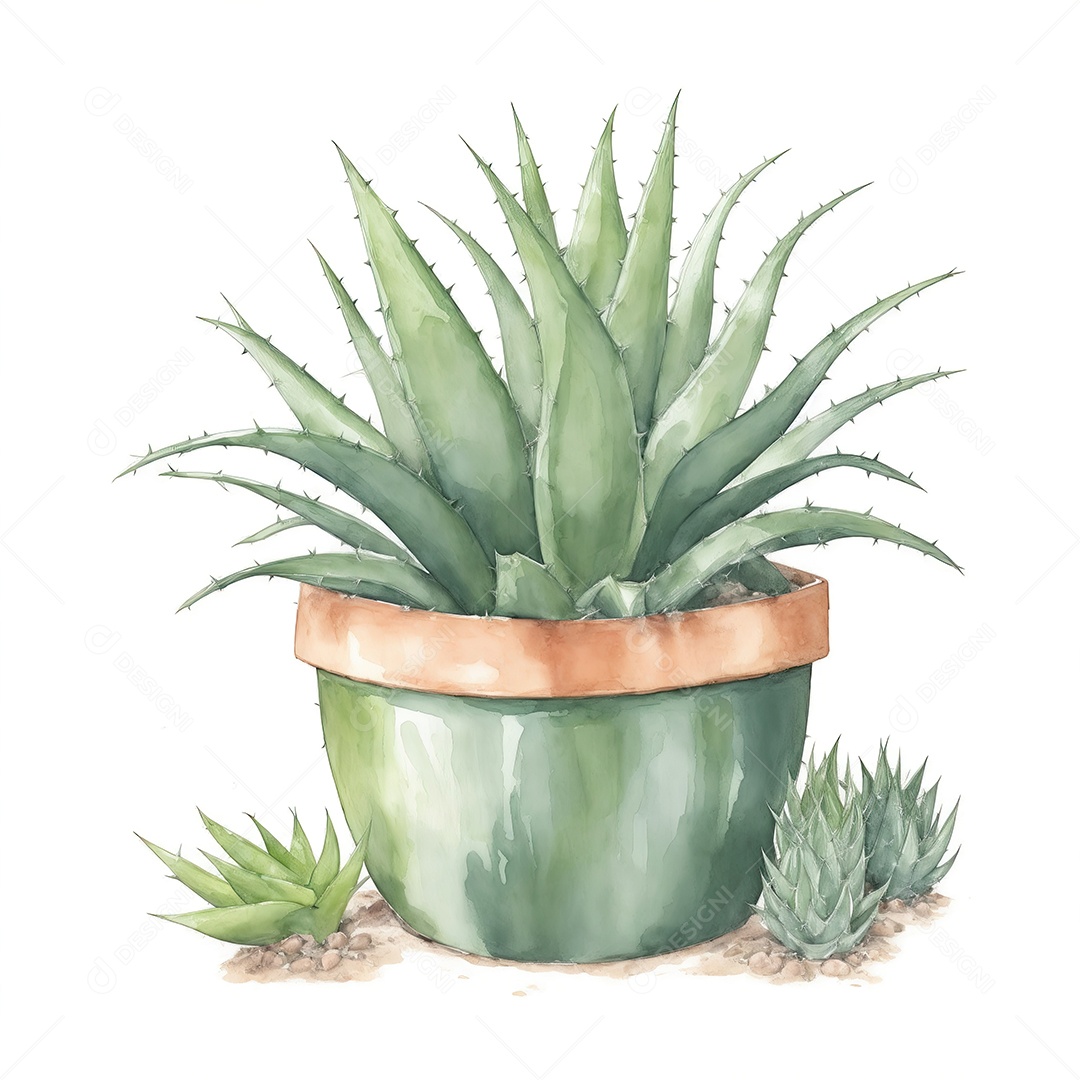 Plantas de Aloe Vera no vaso aquarela sobre fundo branco