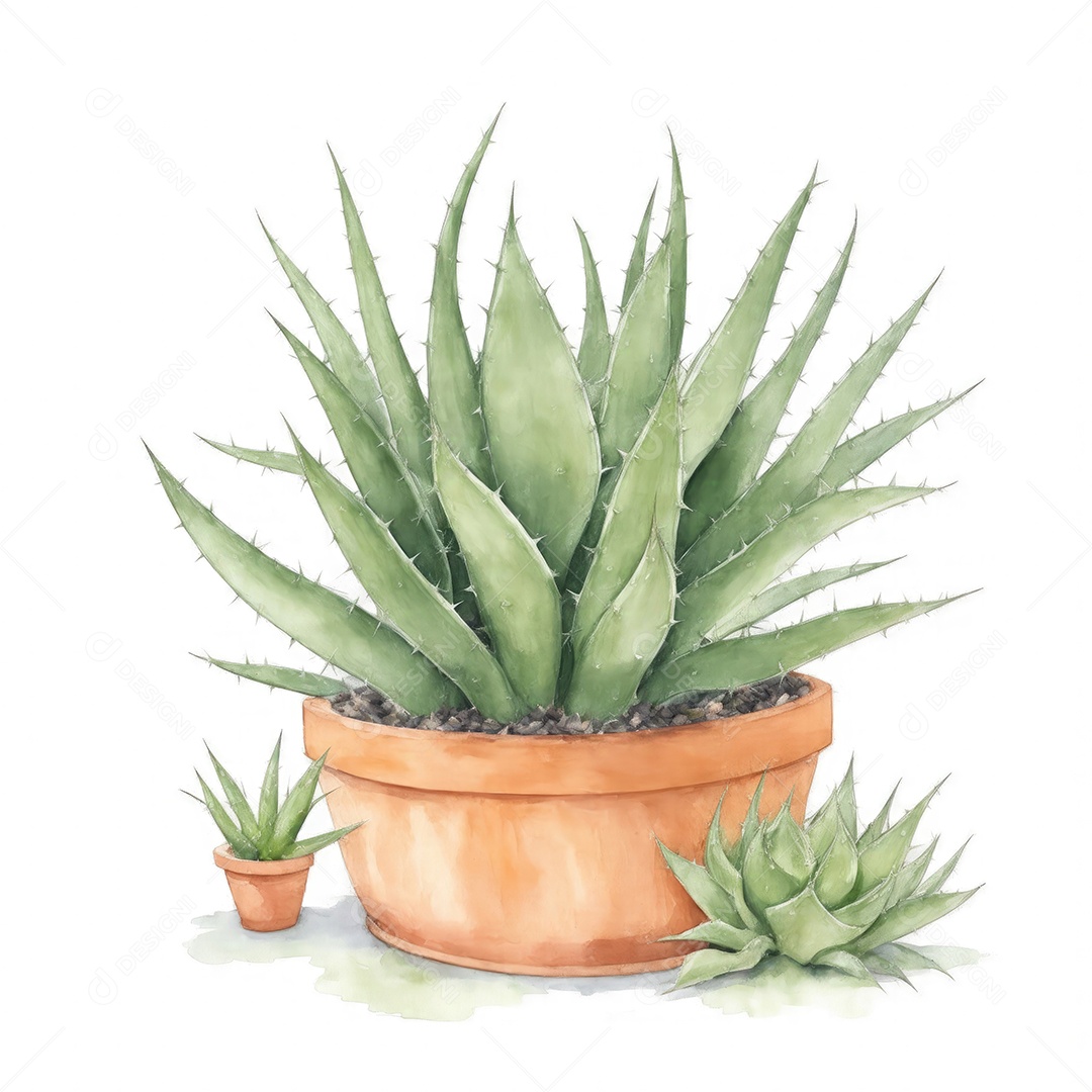 Plantas de Aloe Vera no vaso aquarela sobre fundo branco