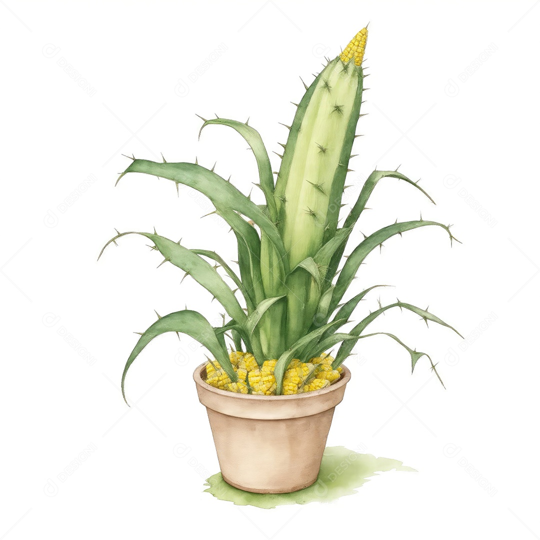 Planta de milho na panela aquarela sobre fundo branco