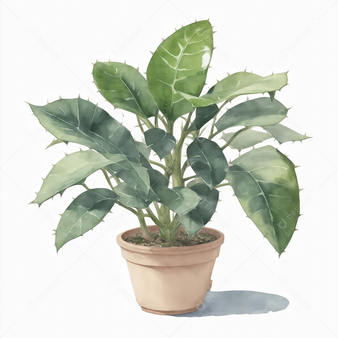 Planta zamioculcas zamiifolia no vaso aquarela sobre fundo branco