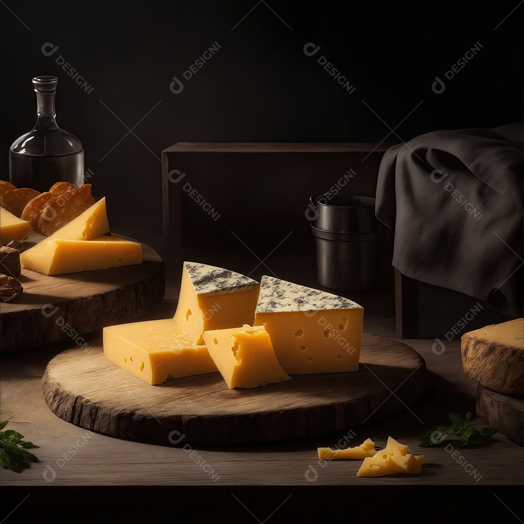 Deliciosos pedaços de queijo na mesa de madeira