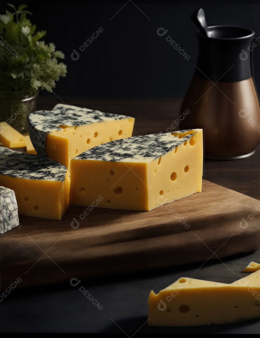 Deliciosos pedaços de queijo na mesa de madeira