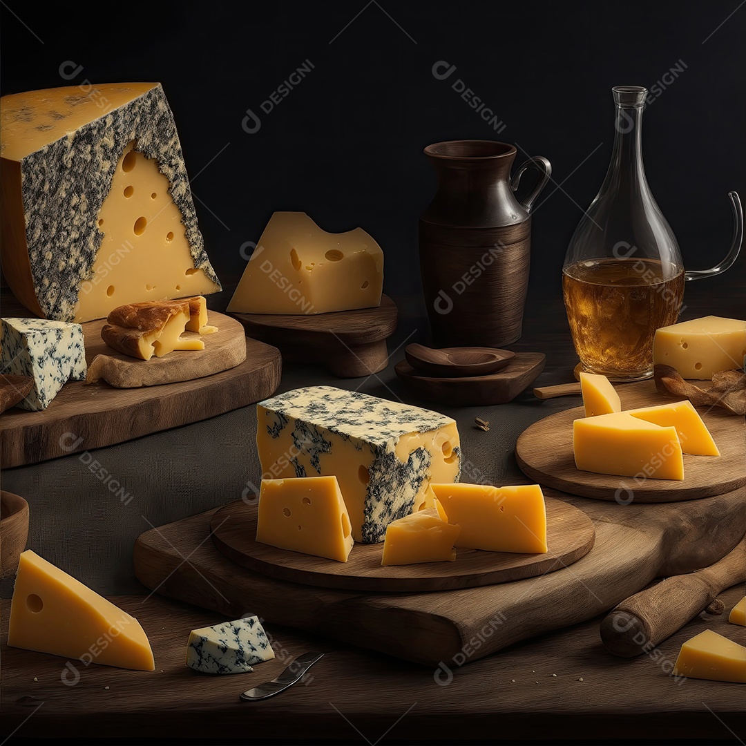 Deliciosos pedaços de queijo na mesa de madeira