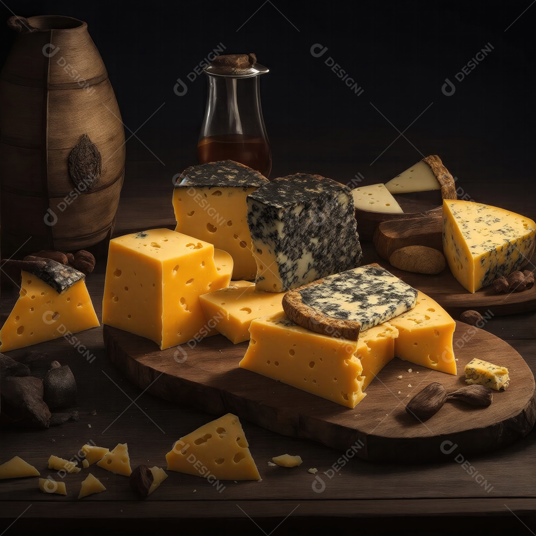 Deliciosos pedaços de queijo na mesa de madeira
