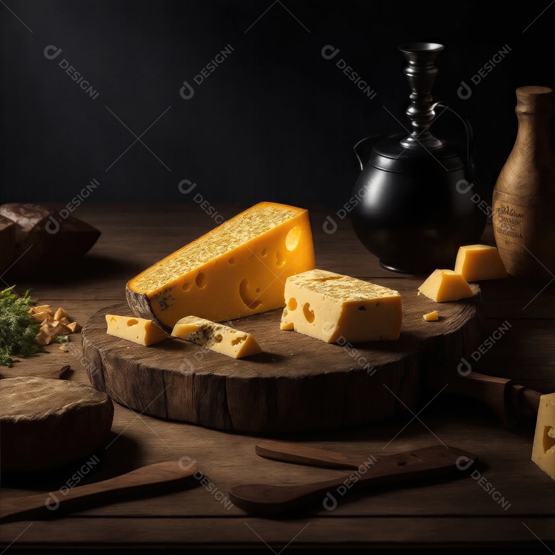 Deliciosos pedaços de queijo na mesa de madeira