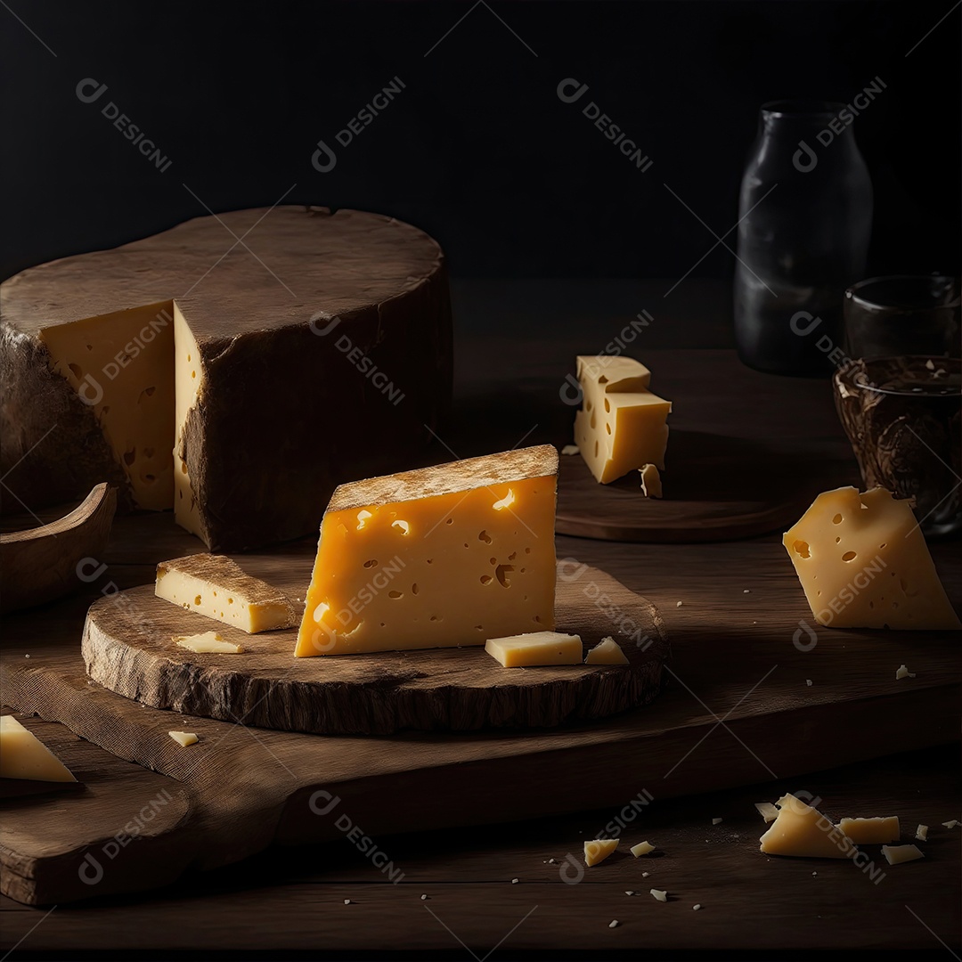 Deliciosos pedaços de queijo na mesa de madeira