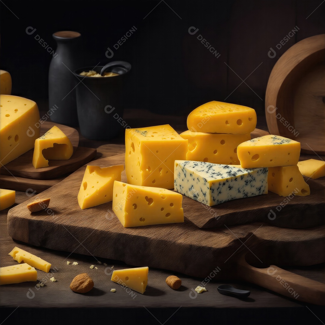 Deliciosos pedaços de queijo na mesa de madeira