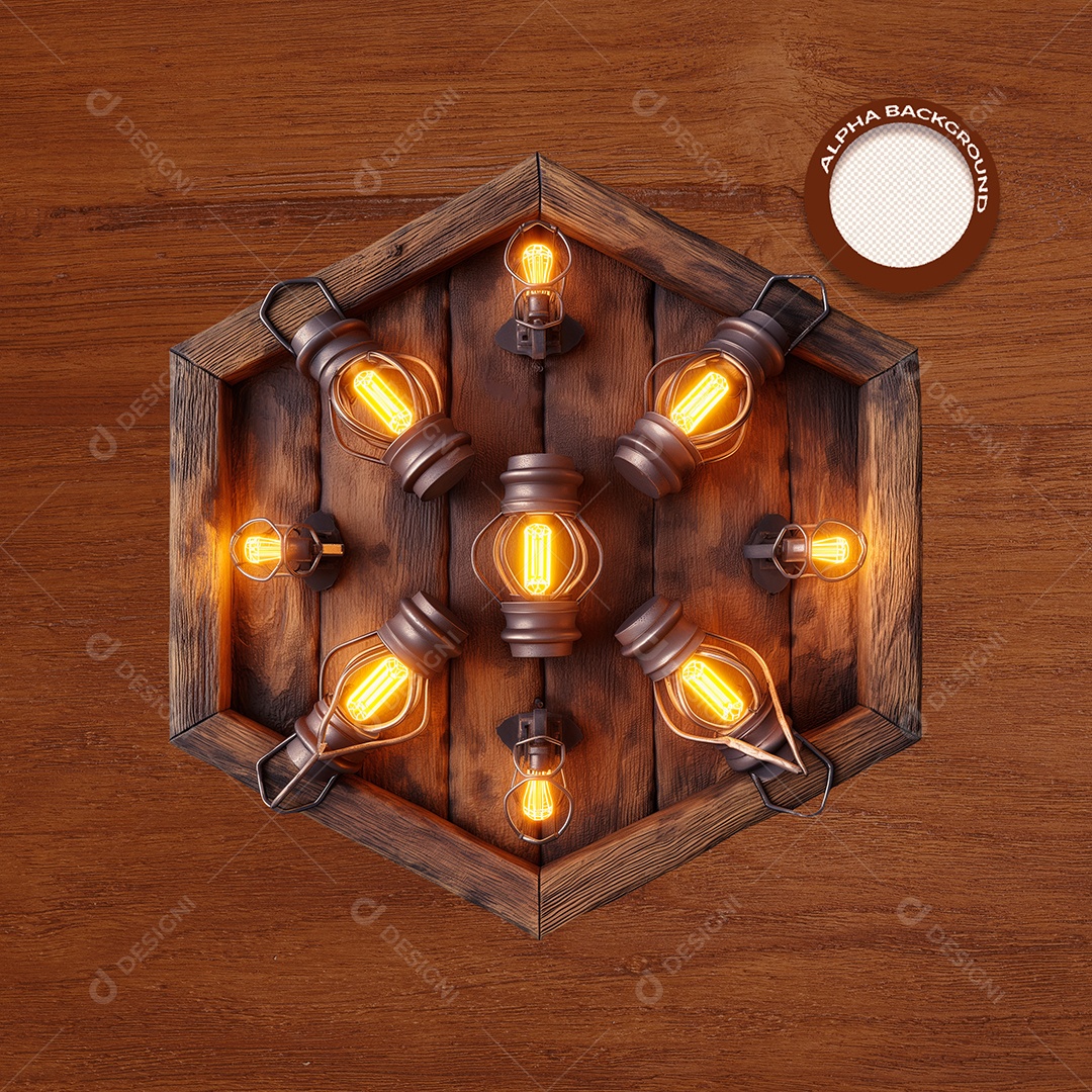 Placa de Madeira com Lâmpadas Elemento 3D para Composição PSD