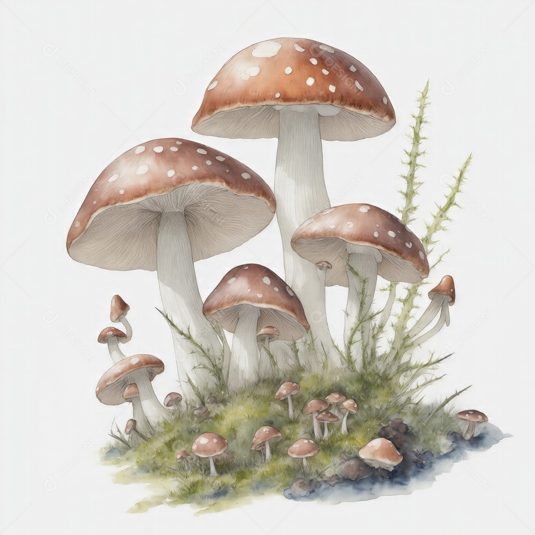 Ilustração de cogumelos em estilo aquarela sobre fundo branco