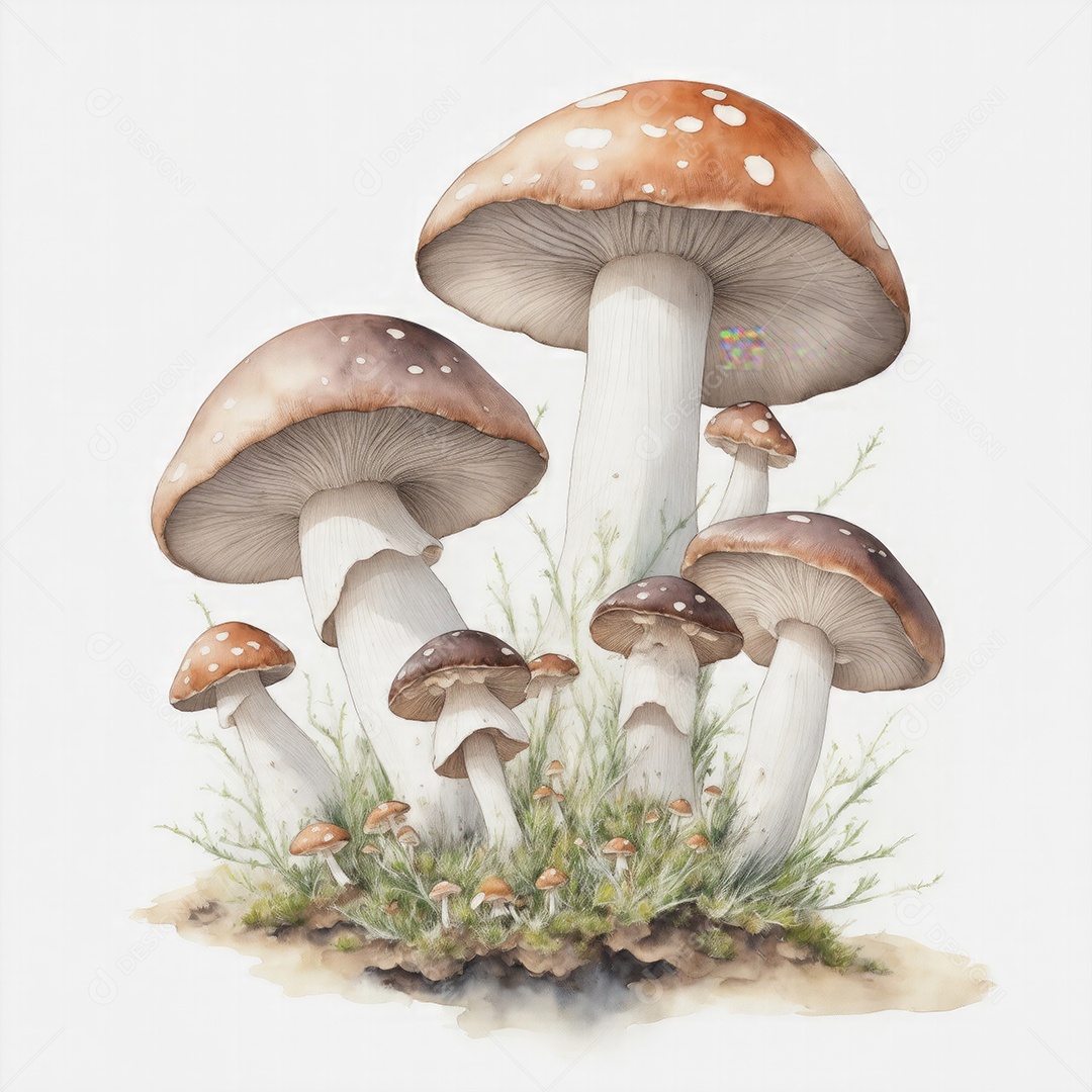 Ilustração de cogumelos em estilo aquarela sobre fundo branco