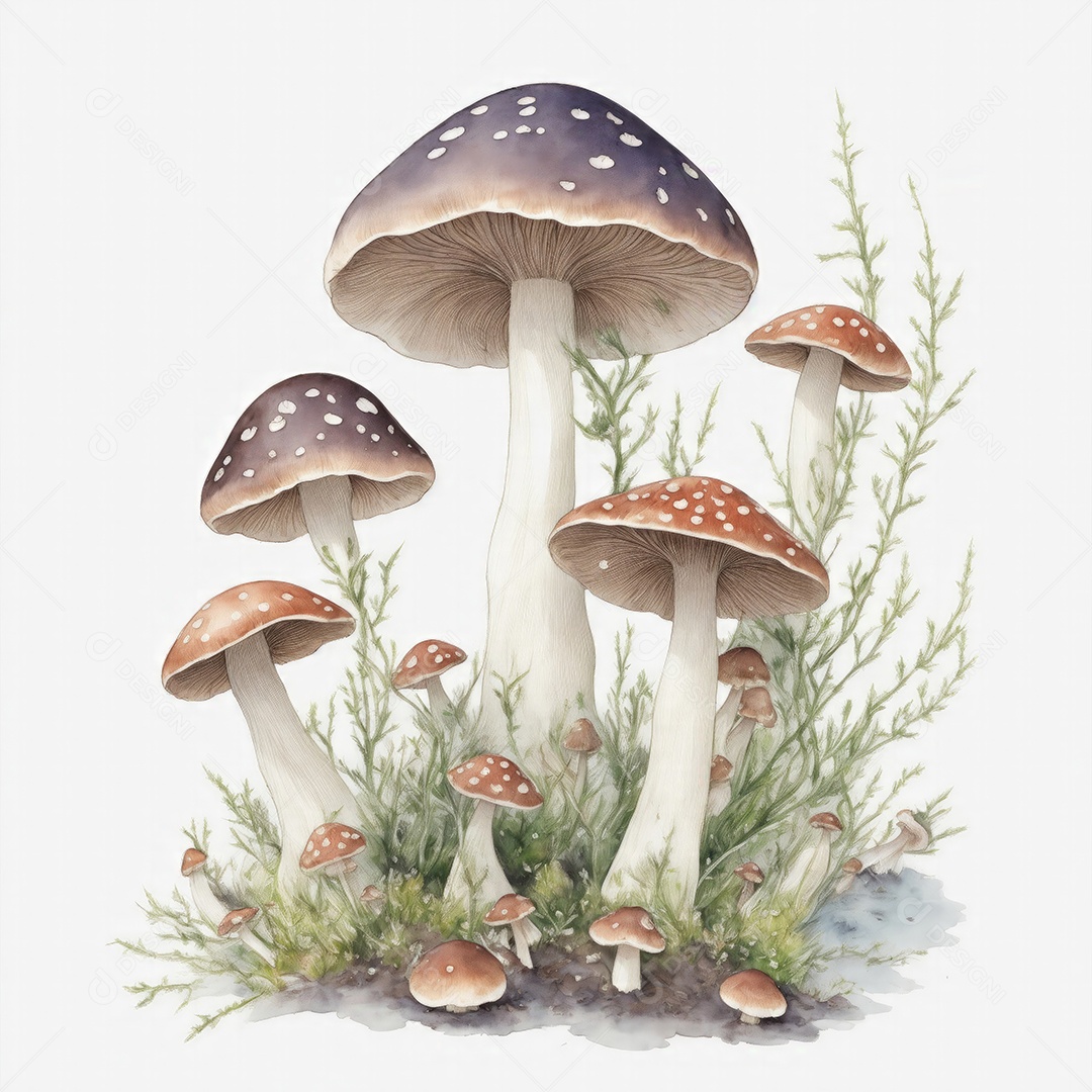 Ilustração de cogumelos em estilo aquarela sobre fundo branco