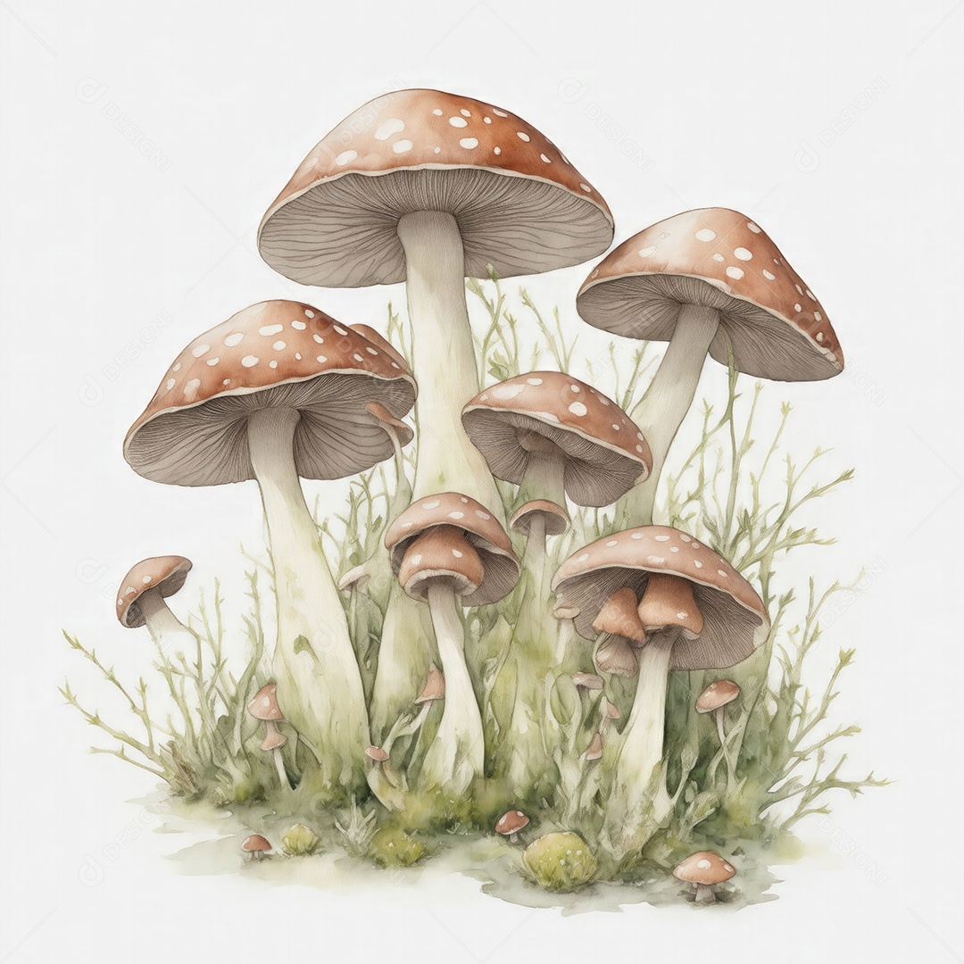 Ilustração de cogumelos em estilo aquarela sobre fundo branco