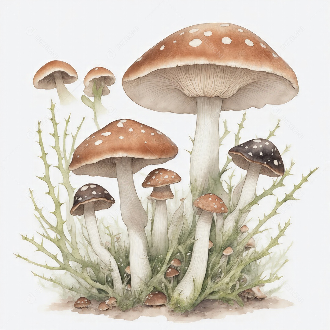 Ilustração de cogumelos em estilo aquarela sobre fundo branco