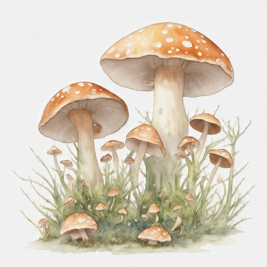 Ilustração de cogumelos em estilo aquarela sobre fundo branco