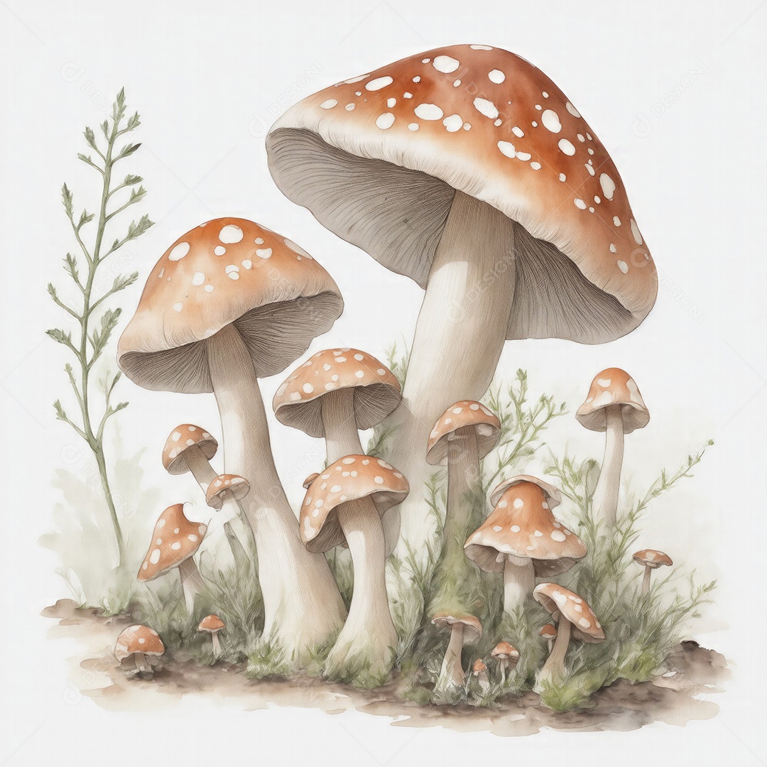 Ilustração de cogumelos em estilo aquarela sobre fundo branco