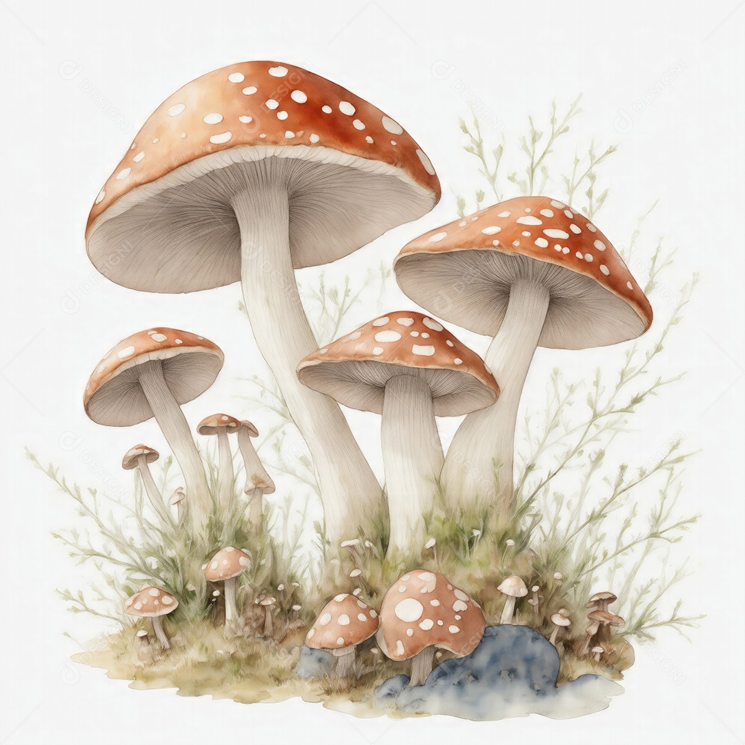 Ilustração de cogumelos em estilo aquarela sobre fundo branco