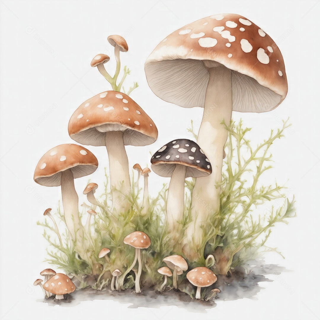 Ilustração de cogumelos em estilo aquarela sobre fundo branco