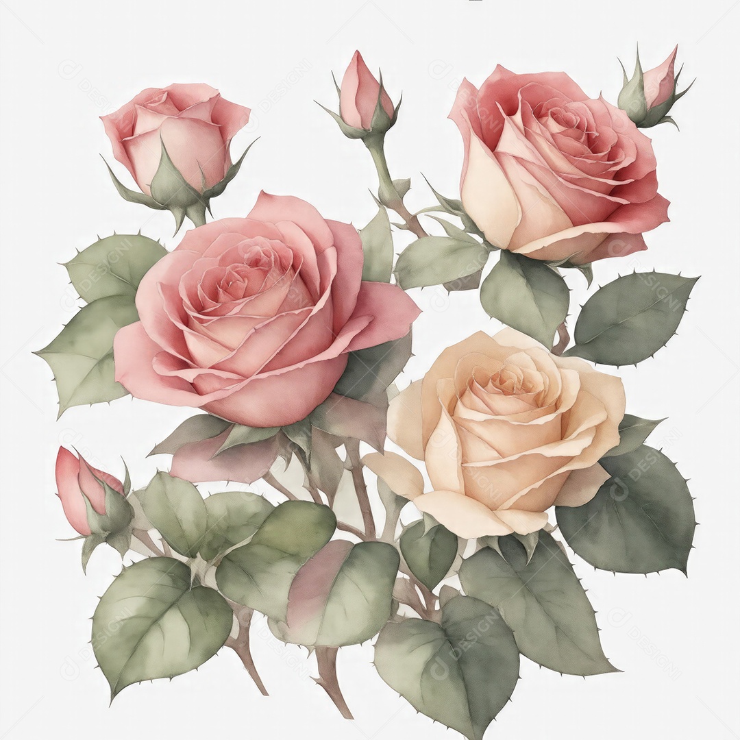 Ilustração de rosas em estilo aquarela sobre fundo branco