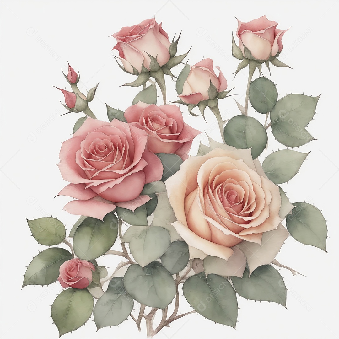 Ilustração de rosas em estilo aquarela sobre fundo branco