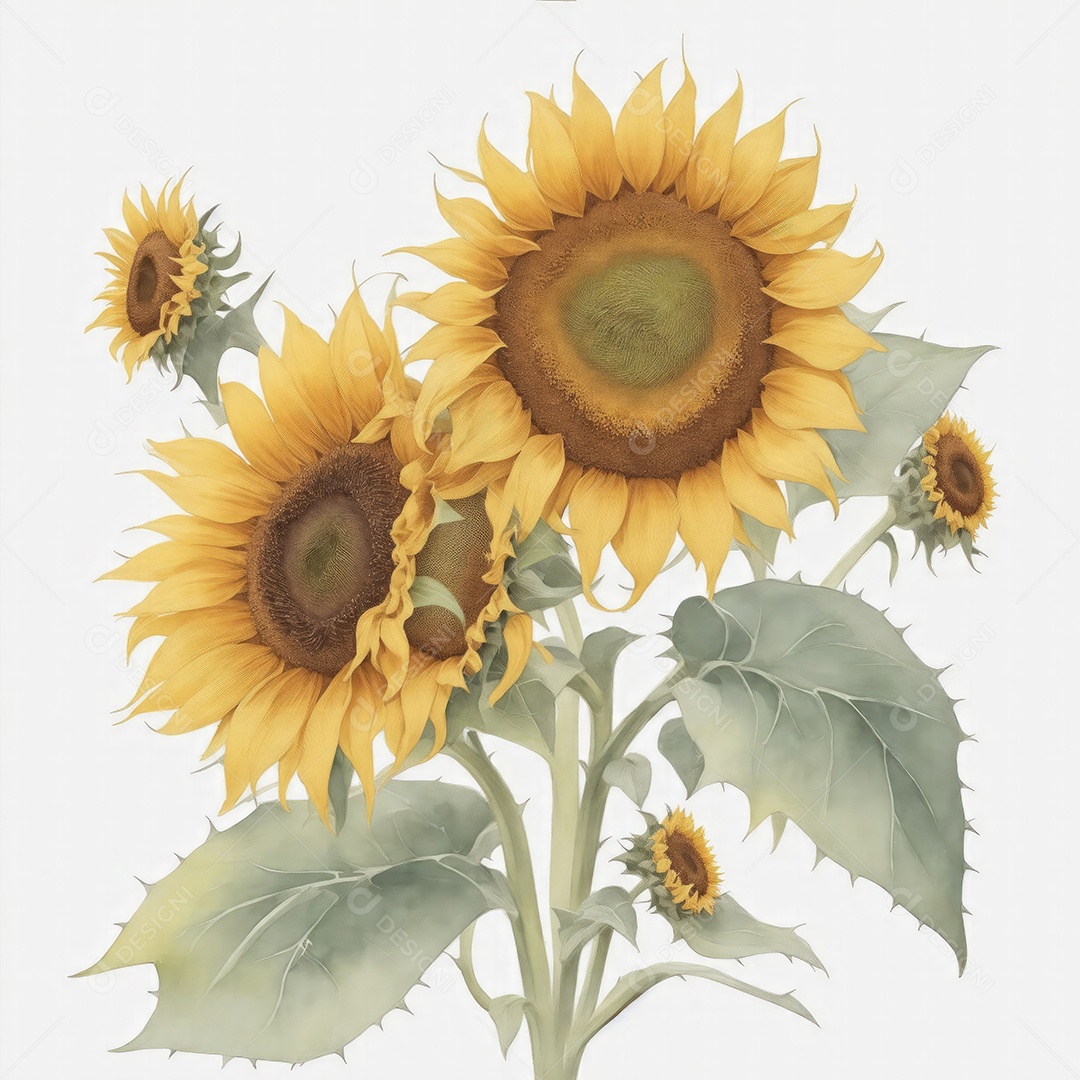 Ilustração de girassóis em estilo aquarela sobre fundo branco