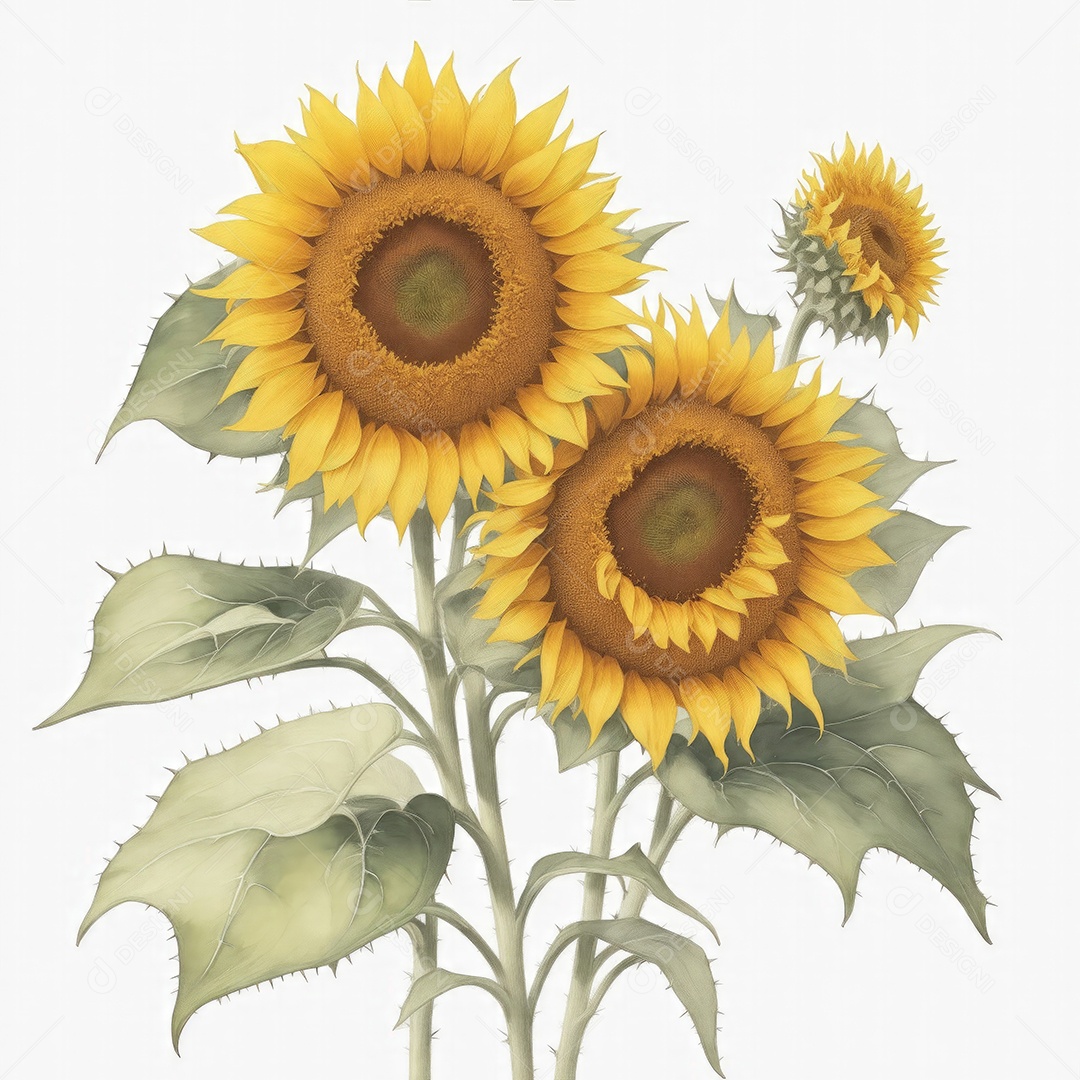 Ilustração de girassóis em estilo aquarela sobre fundo branco