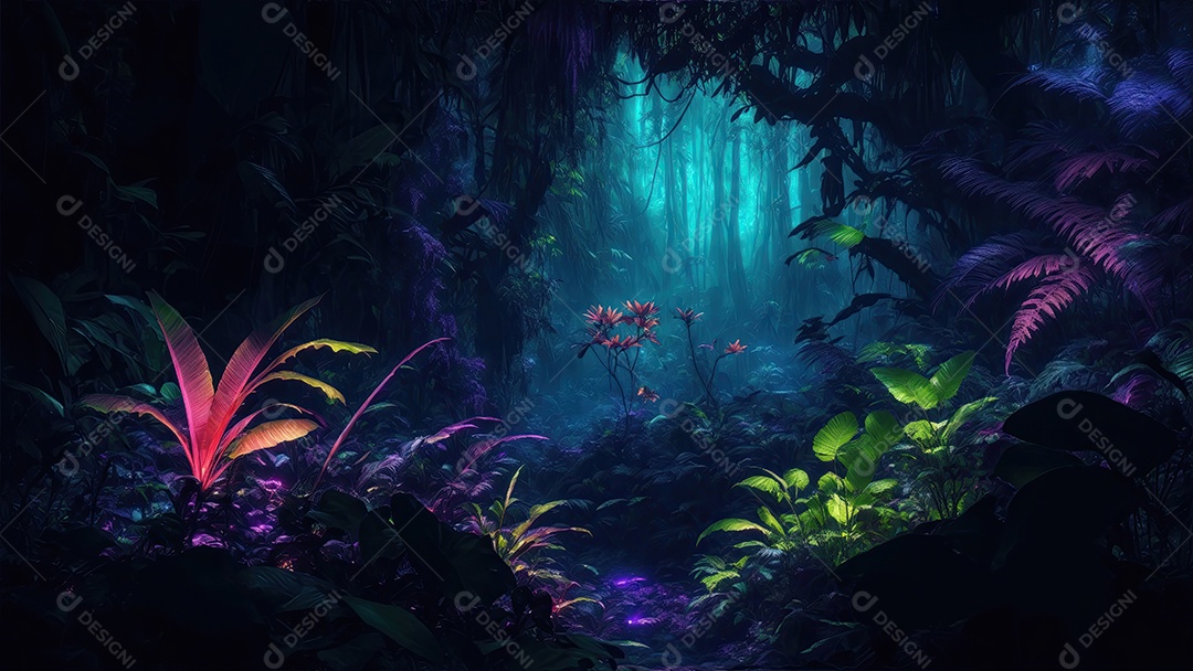 Selva encantada escura em um planeta a noite