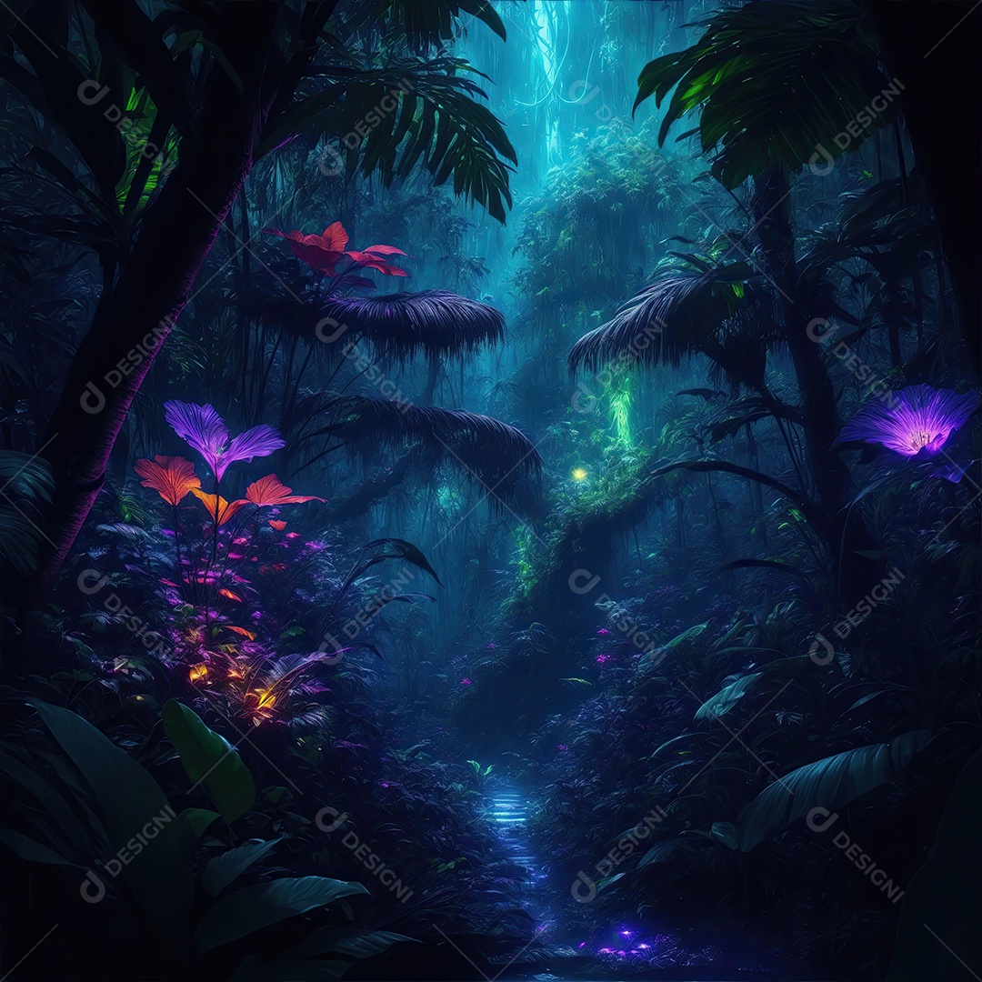 Selva encantada escura em um planeta a noite