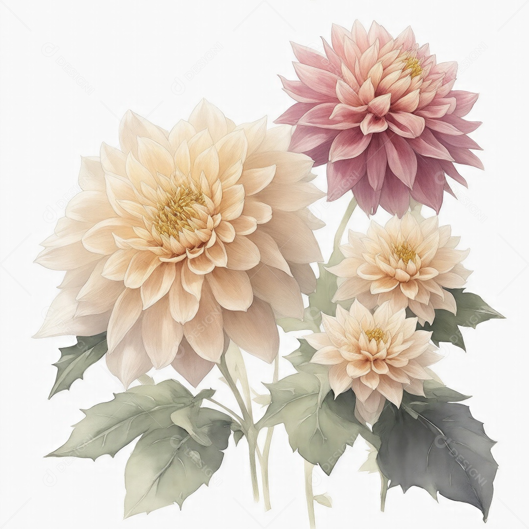 Ilustração de flores dália em estilo aquarela sobre fundo branco