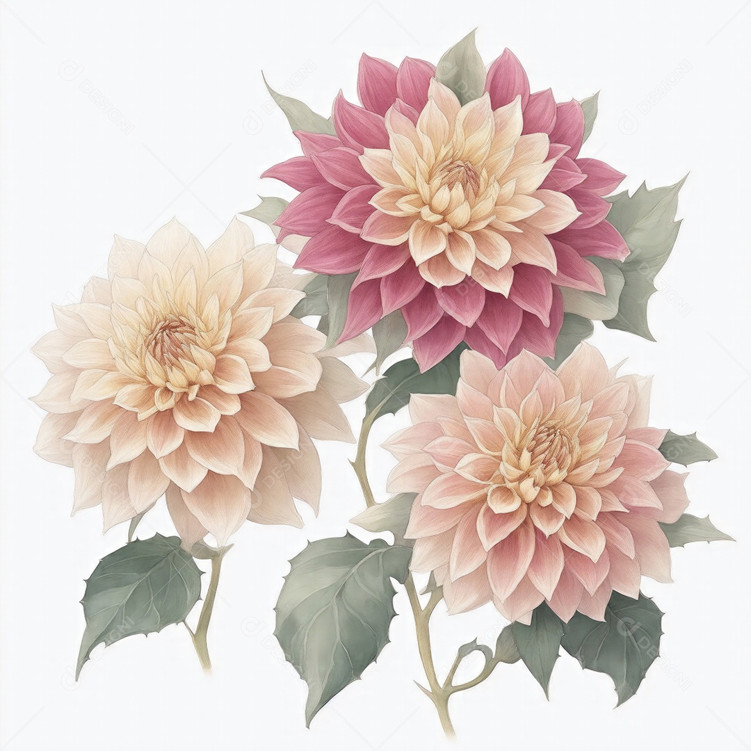 Ilustração de flores dália em estilo aquarela sobre fundo branco