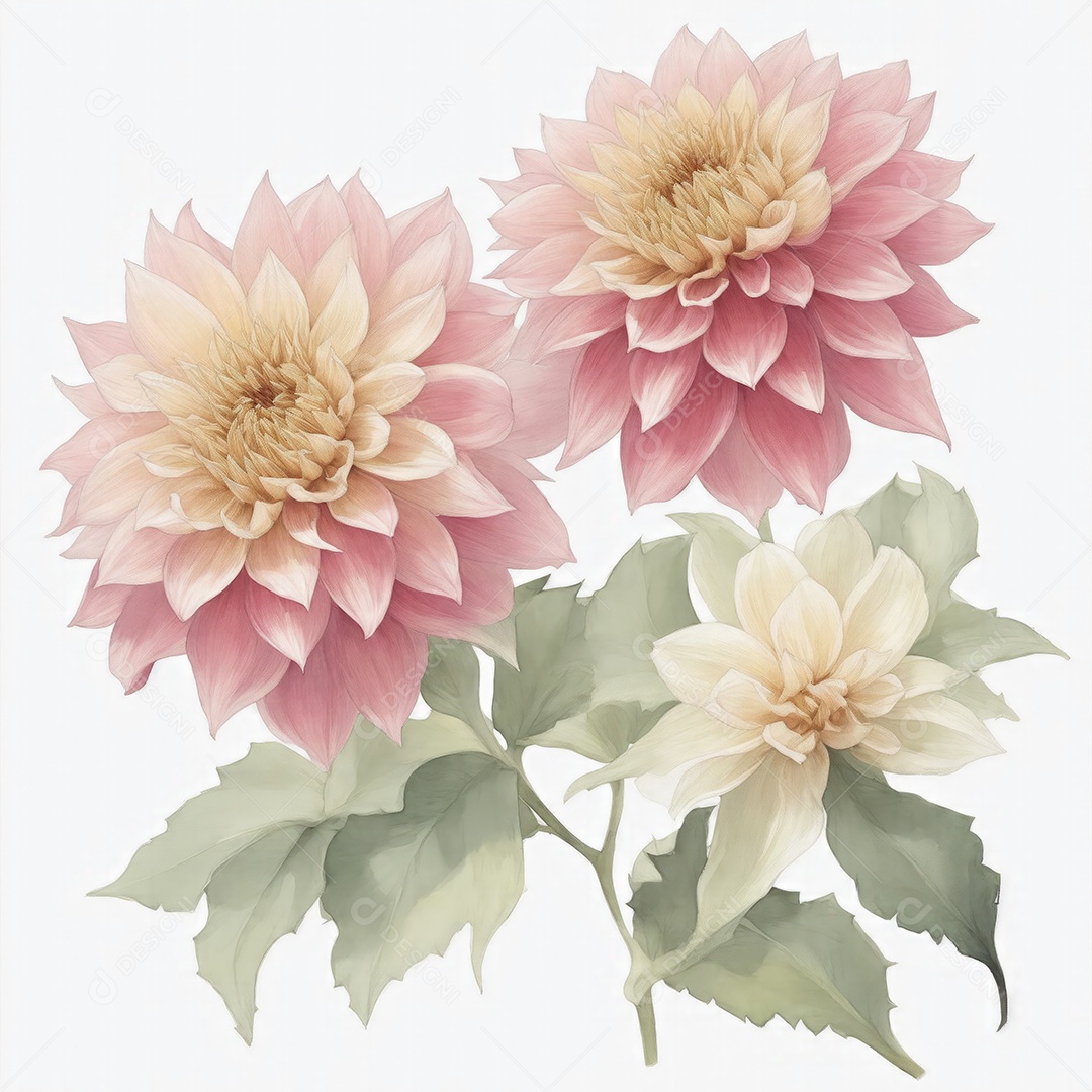 Ilustração de flores dália em estilo aquarela sobre fundo branco