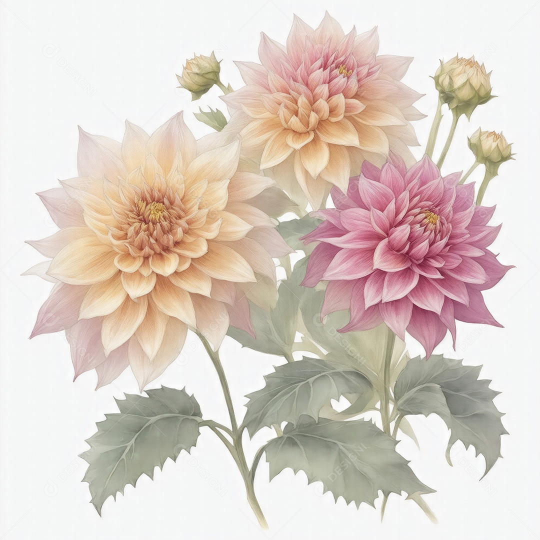 Ilustração de flores dália em estilo aquarela sobre fundo branco