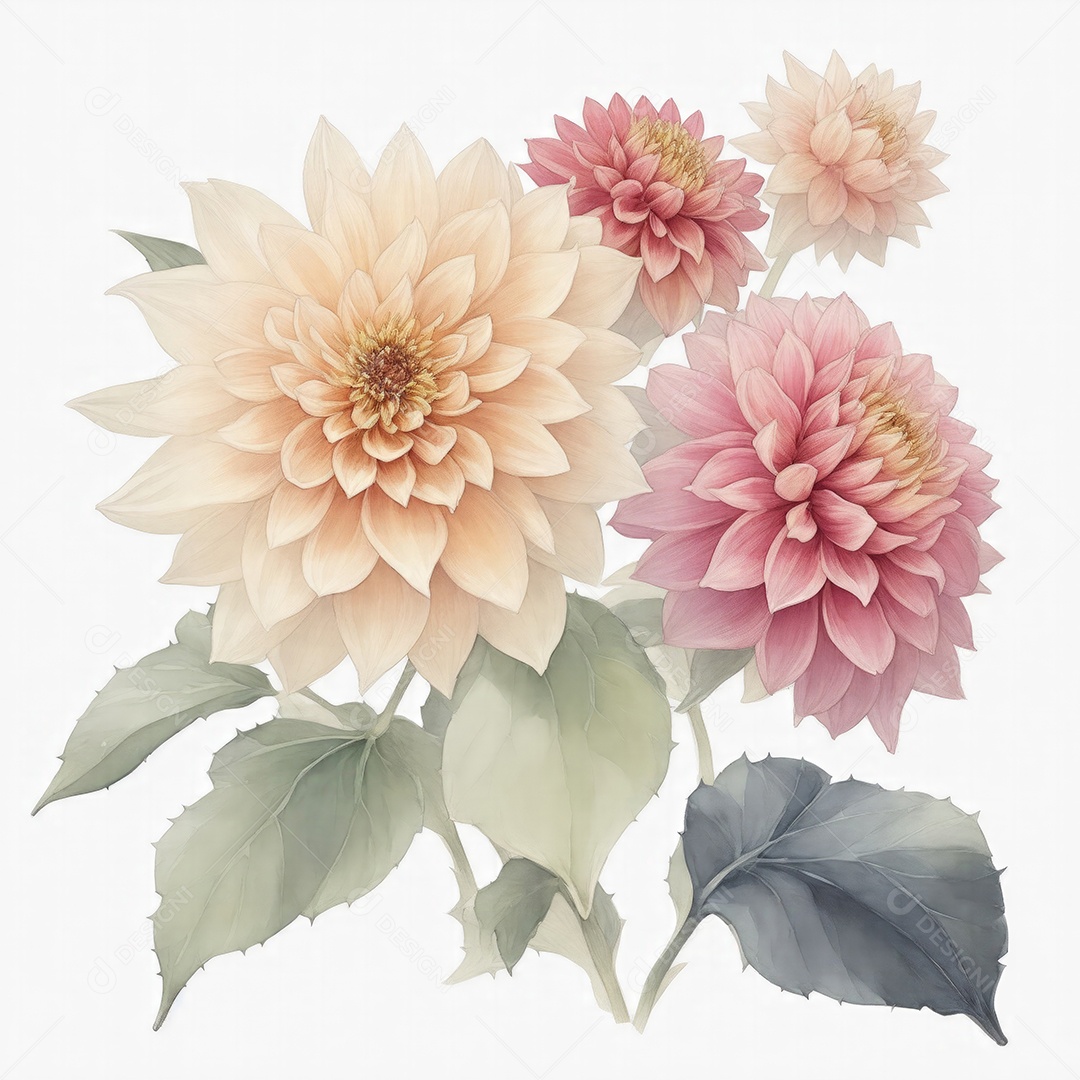 Ilustração de flores dália em estilo aquarela sobre fundo branco